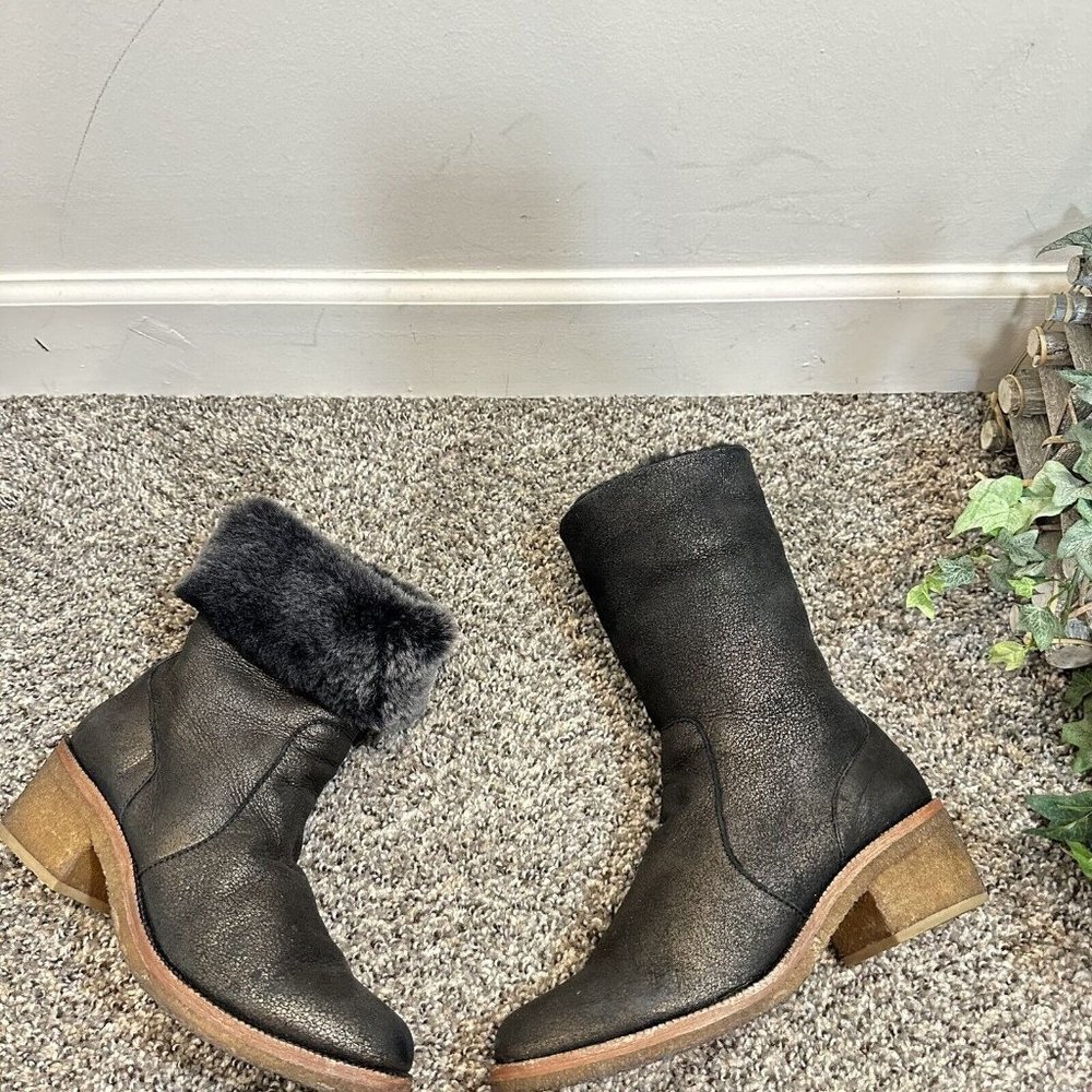 COACH Patsy Boots Black Metallic Mid Calf Fur Lined Boot Fold Over 8 B